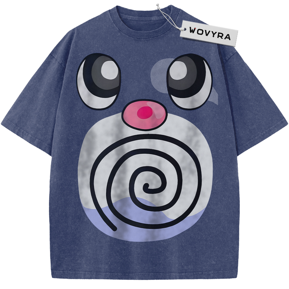 Pokemon Poliwag Spiral Face Vintage T-Shirt with large eyes, a pink nose and a bold black spiral motif