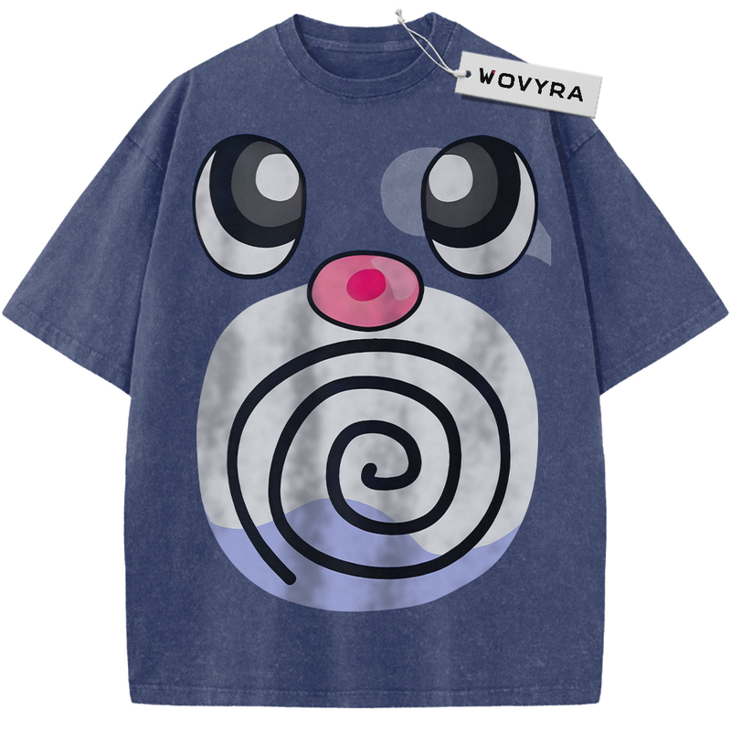 Pokemon Poliwag Spiral Face Vintage T-Shirt with large eyes, a pink nose and a bold black spiral motif