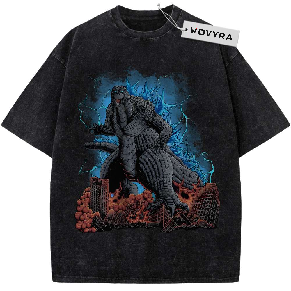 Kaiju Blue City Vintage T-Shirt with a towering monster above a city skyline with blue electric accents