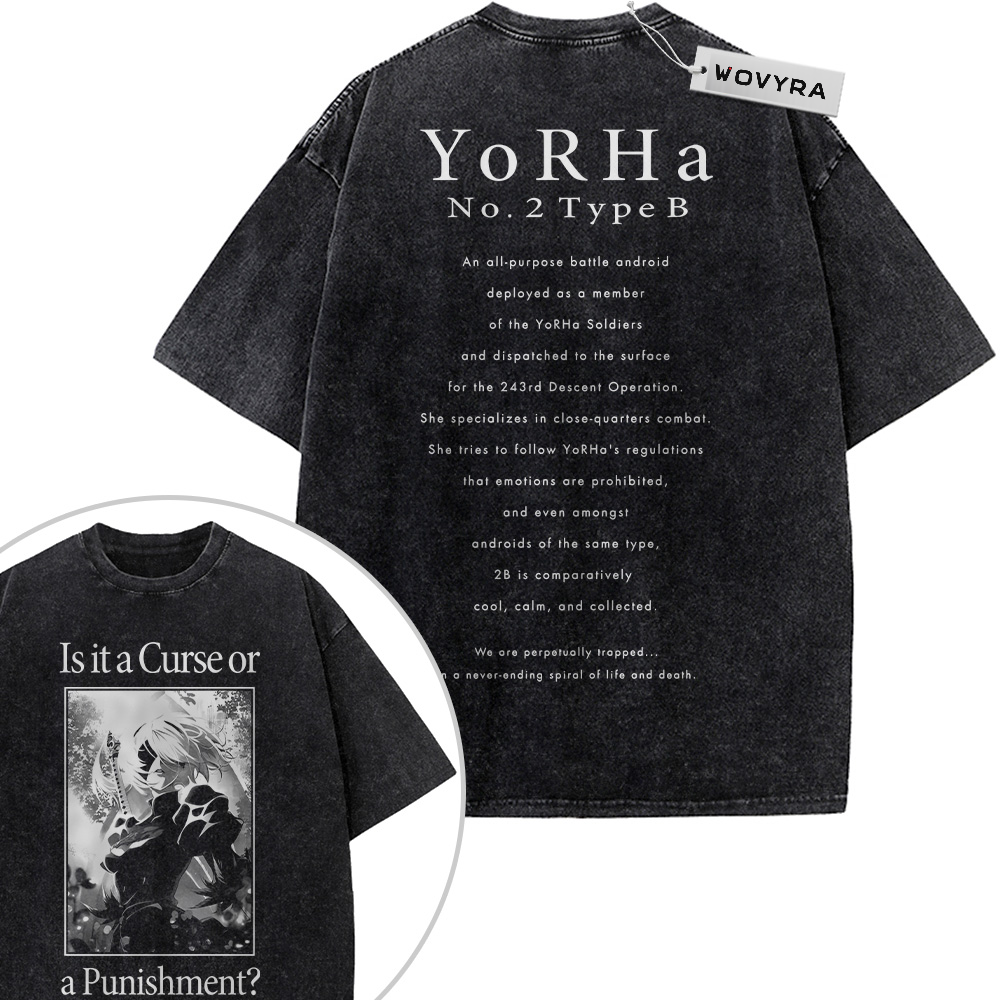 NieR:Automata 2B YoRHa Typography 2-Sided Vintage T-Shirt with YoRHa typography paired with a monochrome character panel