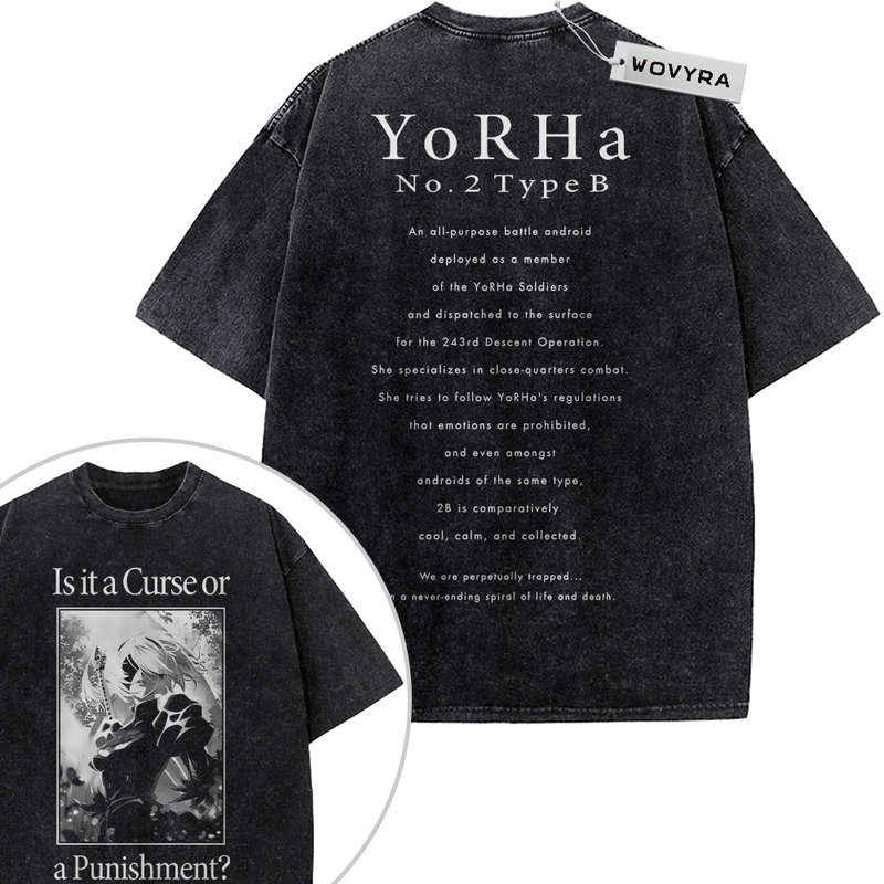 NieR:Automata 2B YoRHa Typography 2-Sided Vintage T-Shirt with YoRHa typography paired with a monochrome character panel