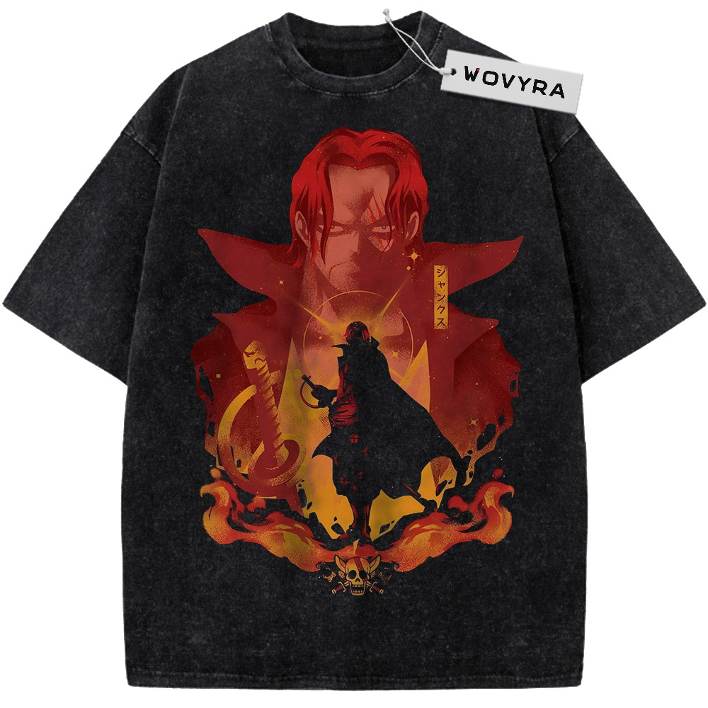 One Piece Shanks Red Portrait Vintage T-Shirt with a red-haired portrait above a dark silhouette and flames