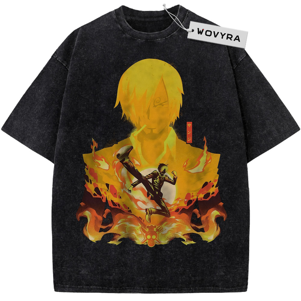 One Piece Sanji Flame Vintage T-Shirt with yellow and orange flames around a layered character portrait