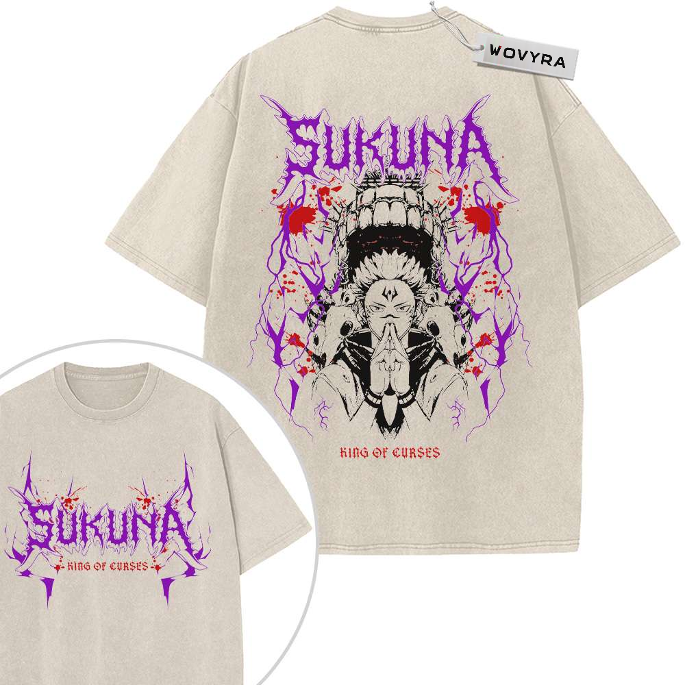 2-sided vintage T-shirt featuring a Sukuna composition framed by purple lettering and red accents