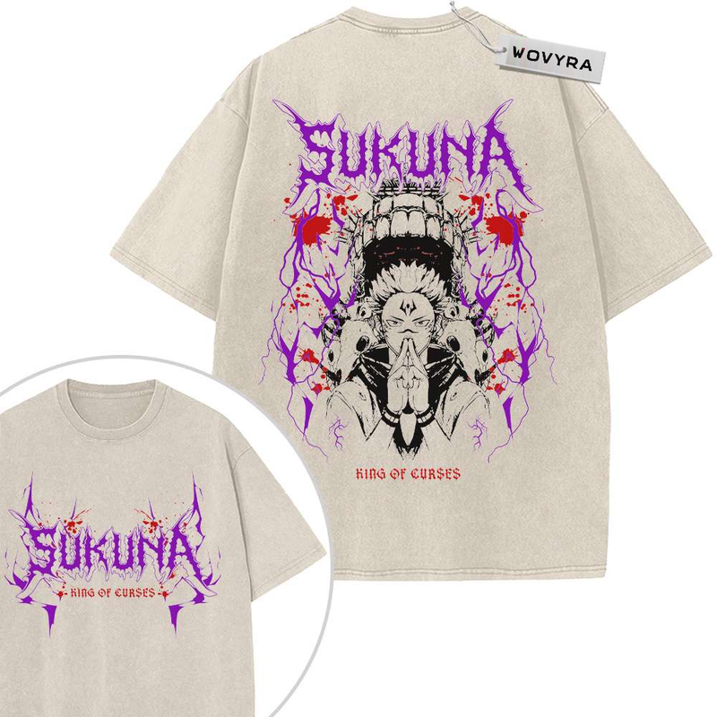 2-sided vintage T-shirt featuring a Sukuna composition framed by purple lettering and red accents