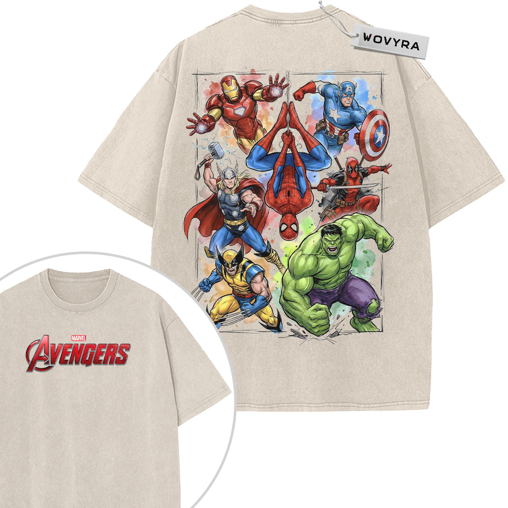 2-sided vintage T-shirt featuring an Avengers team composition with colorful characters and comic-style details