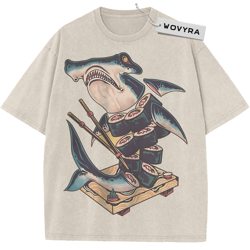 Sushi Shark Chopsticks Vintage T-Shirt with a cartoon shark holding chopsticks above a wooden sushi tray