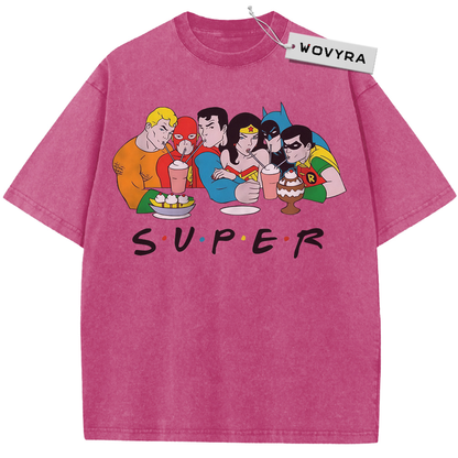 Rose Red vintage T-shirt featuring a Justice League cartoon group with cups and SUPER lettering