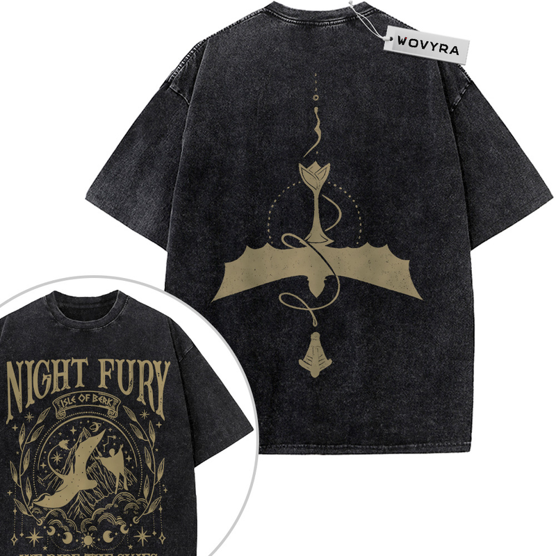 Toothless Night Fury Gold Emblem 2-Sided Vintage T-Shirt with a gold dragon silhouette paired with Night Fury emblem artwork