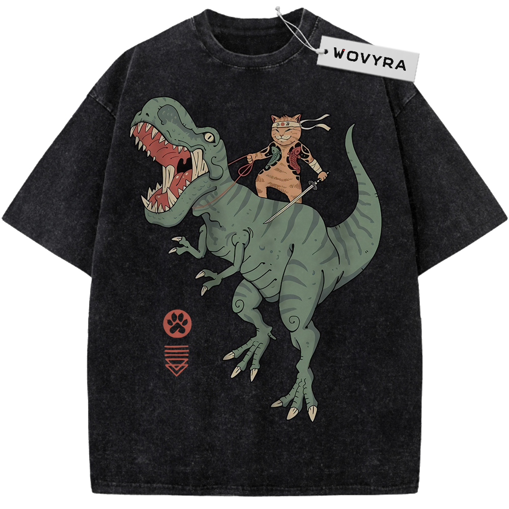 Black Samurai Cat Dinosaur T-shirt with a sword-carrying cat riding a green dinosaur