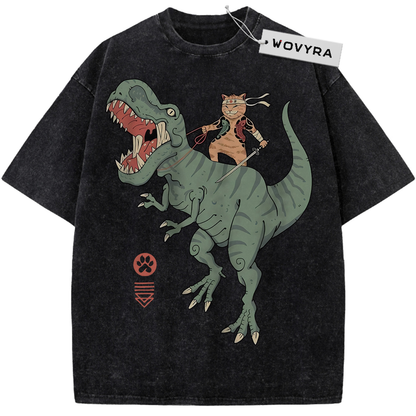 Black Samurai Cat Dinosaur T-shirt with a sword-carrying cat riding a green dinosaur