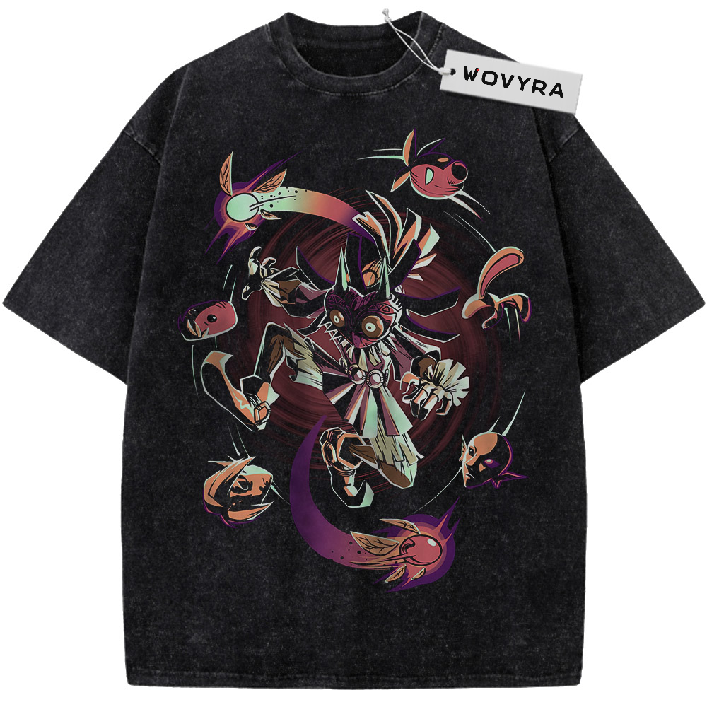 The Legend of Zelda Majora's Mask Colorful Skull Kid Vintage T-Shirt with a colorful masked figure with swirling shapes and small companions