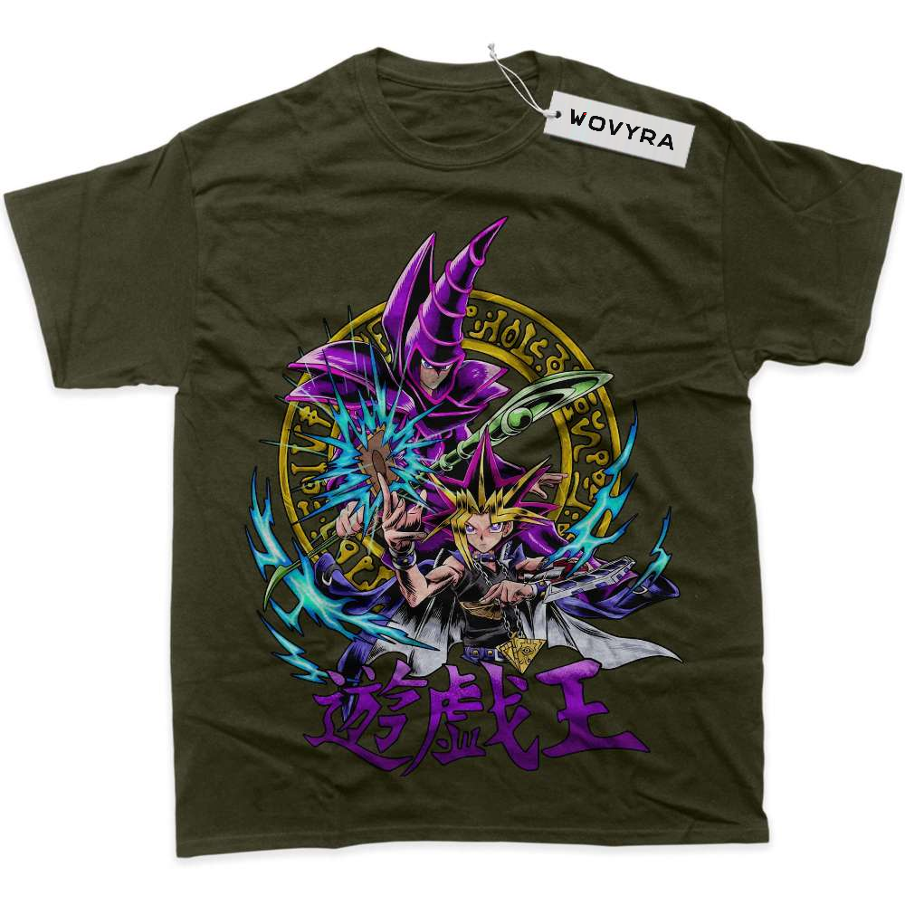 Army green WOVYRA Dark Magician and Yugi classic T-shirt with a purple magician and colorful circular sigil