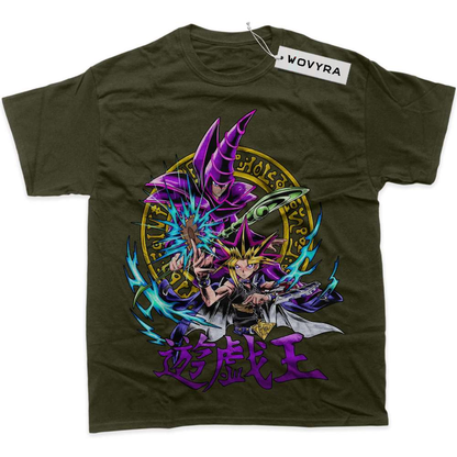Army green WOVYRA Dark Magician and Yugi classic T-shirt with a purple magician and colorful circular sigil