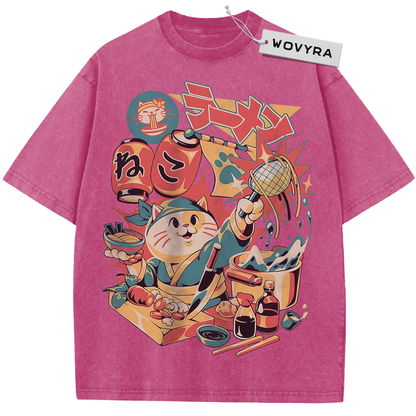 Pink Neko Ramen Cat T-shirt with a colorful cat and noodle-shop collage