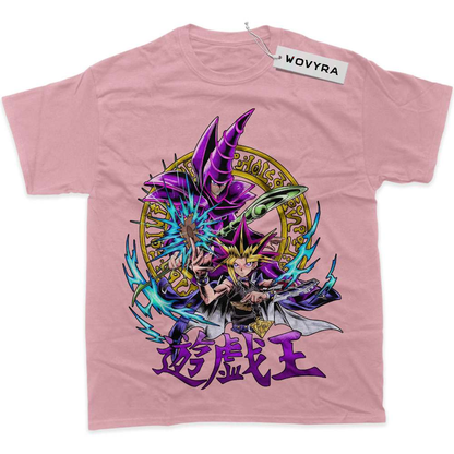 Pink WOVYRA Dark Magician and Yugi classic T-shirt with a purple magician and colorful circular sigil