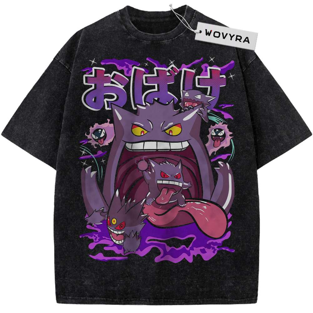 Vintage T-shirt featuring a purple ghost Pokemon composition with Gengar's wide mouth and Japanese lettering