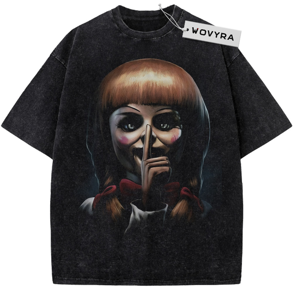 Vintage T-shirt featuring an Annabelle doll portrait with a finger raised to her lips