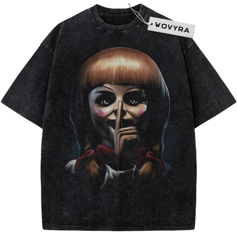 Vintage T-shirt featuring an Annabelle doll portrait with a finger raised to her lips