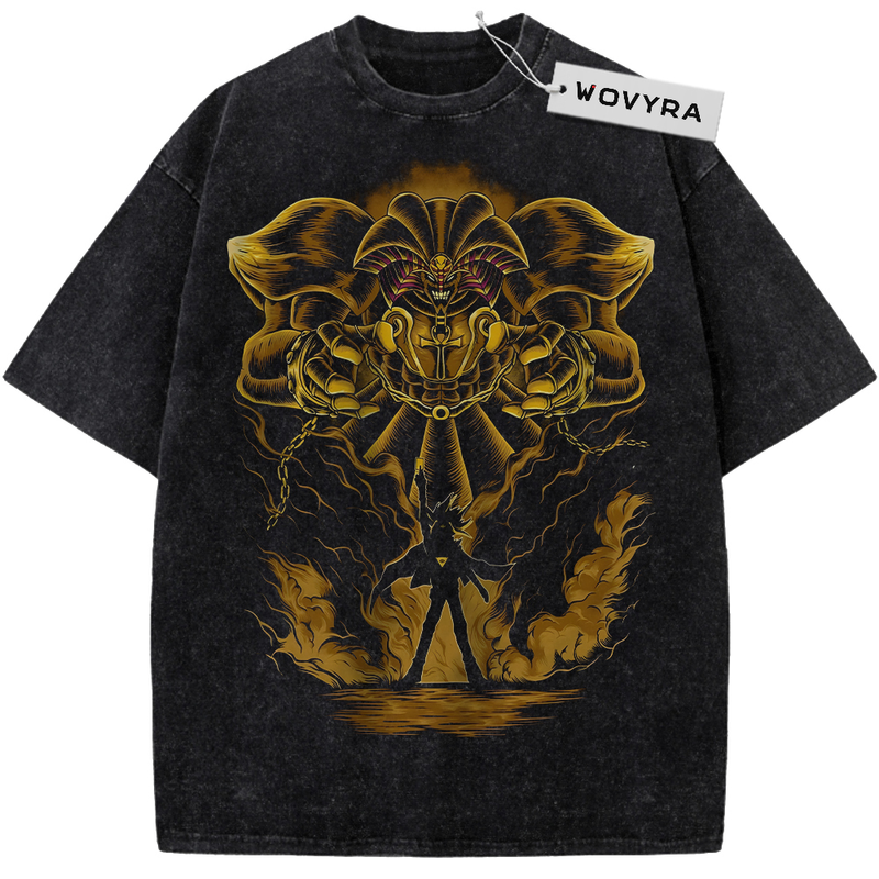Yugi Muto & Exodia Golden Giant Vintage T-Shirt with a gold-toned giant figure above a smaller dark silhouette