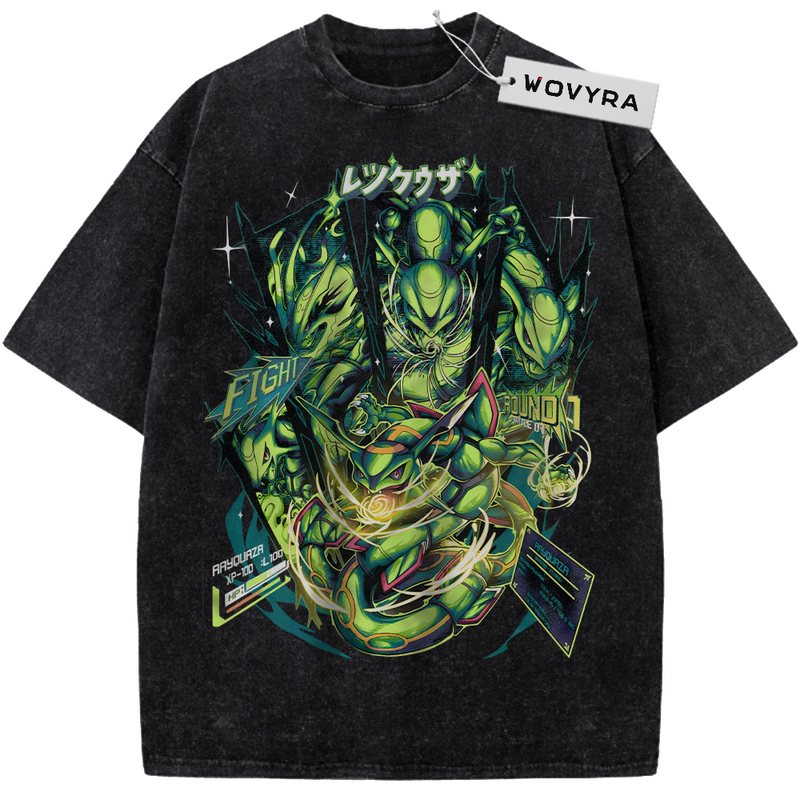 Pokemon Rayquaza Green Dragon Vintage T-Shirt with a coiled green dragon surrounded by stars and graphic lettering