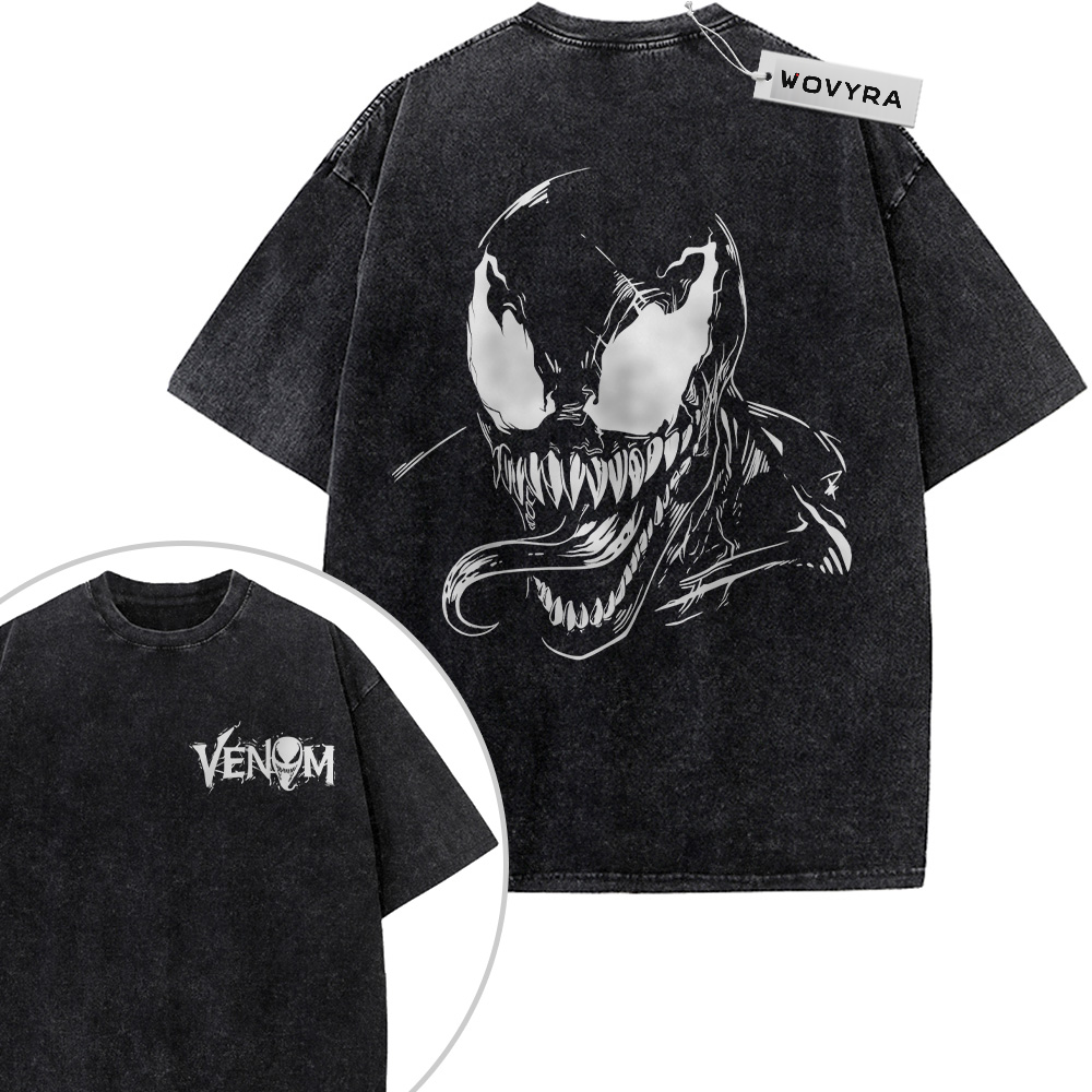 2-sided vintage T-shirt featuring a large black-and-white Venom face with sharp teeth and an extended tongue