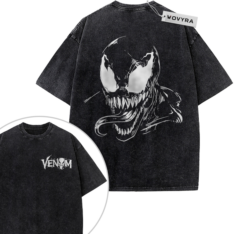 2-sided vintage T-shirt featuring a large black-and-white Venom face with sharp teeth and an extended tongue