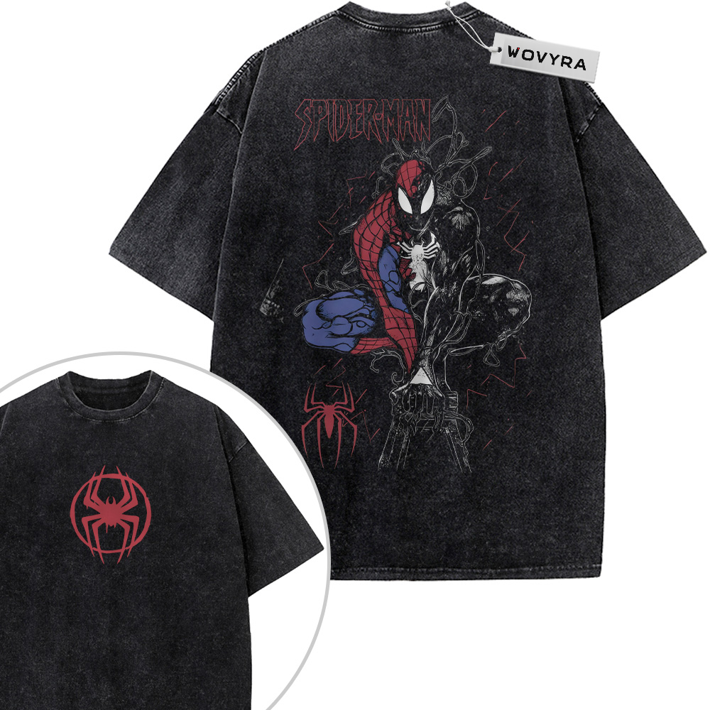 2-sided vintage T-shirt featuring a split Spider-Man and Venom character graphic with red and blue accents