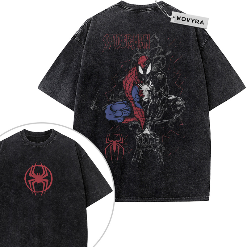 2-sided vintage T-shirt featuring a split Spider-Man and Venom character graphic with red and blue accents