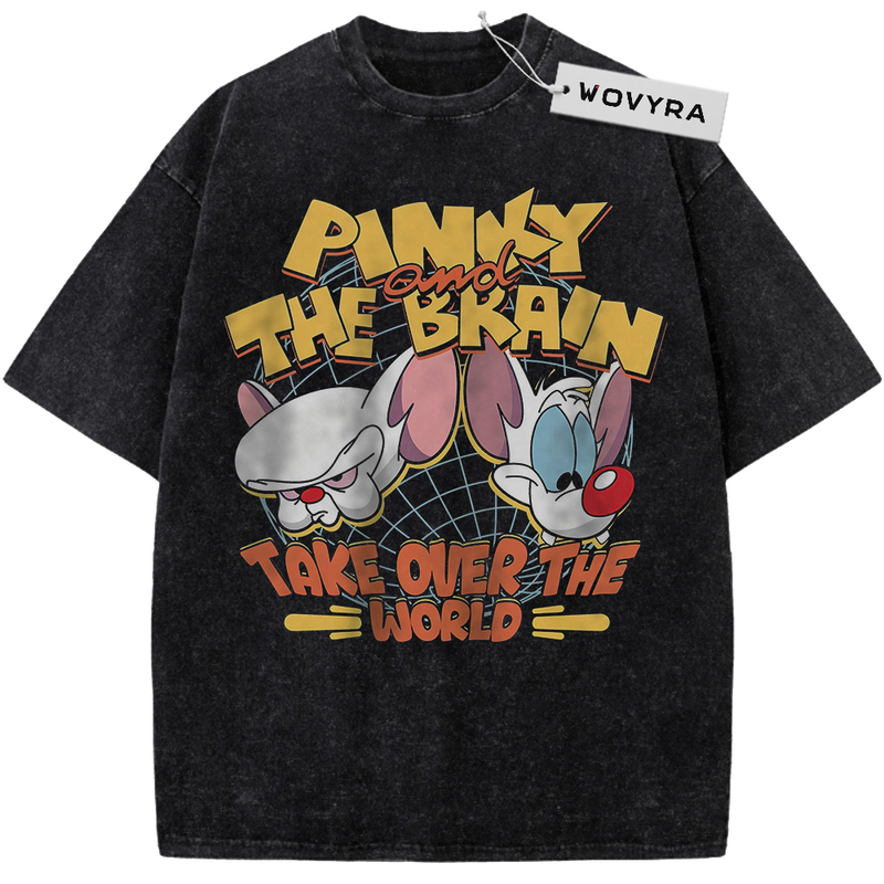 Vintage T-shirt featuring Pinky and the Brain beneath yellow lettering and a globe grid