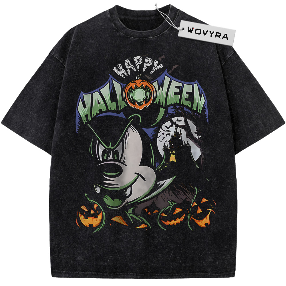 Mickey Mouse Halloween Pumpkins Vintage T-Shirt with a Mickey portrait with pumpkins, bats and Halloween lettering