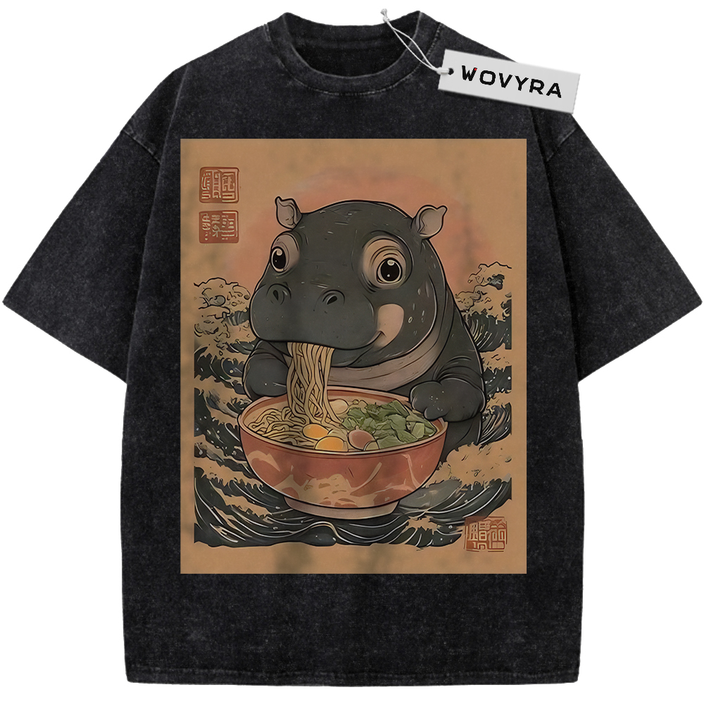 Black Ramen Hippo T-shirt with a hippo eating noodles in a warm-toned frame