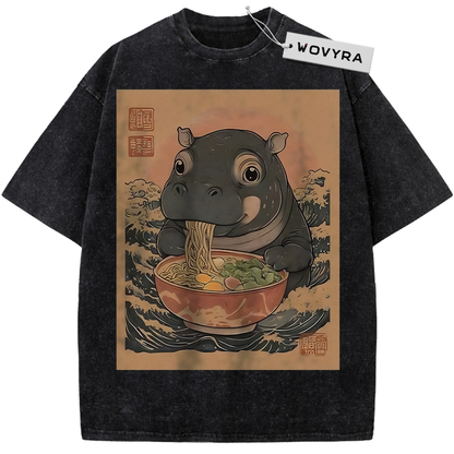 Black Ramen Hippo T-shirt with a hippo eating noodles in a warm-toned frame