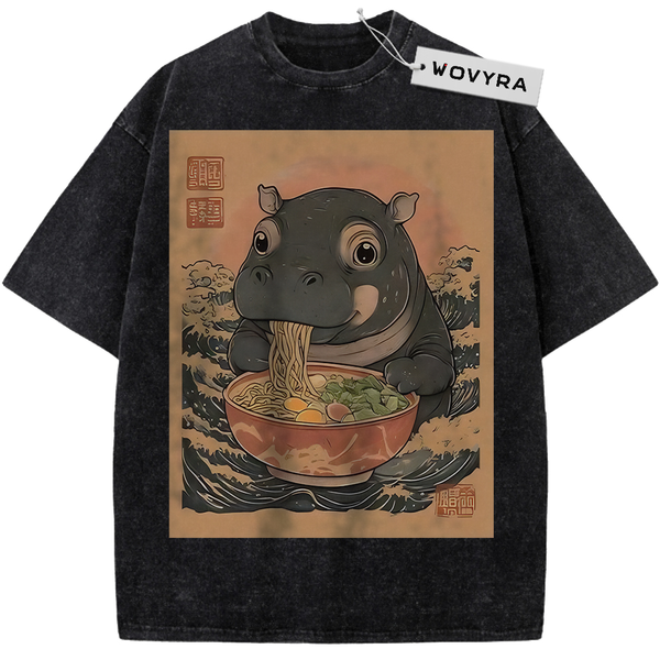 Black Ramen Hippo T-shirt with a hippo eating noodles in a warm-toned frame