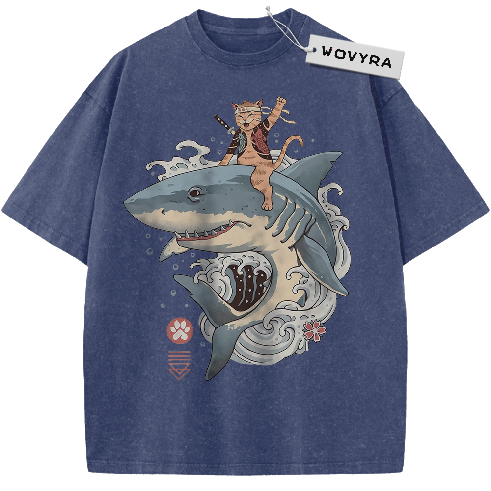 Blue Samurai Cat Shark T-shirt with a cat riding a shark through curling waves