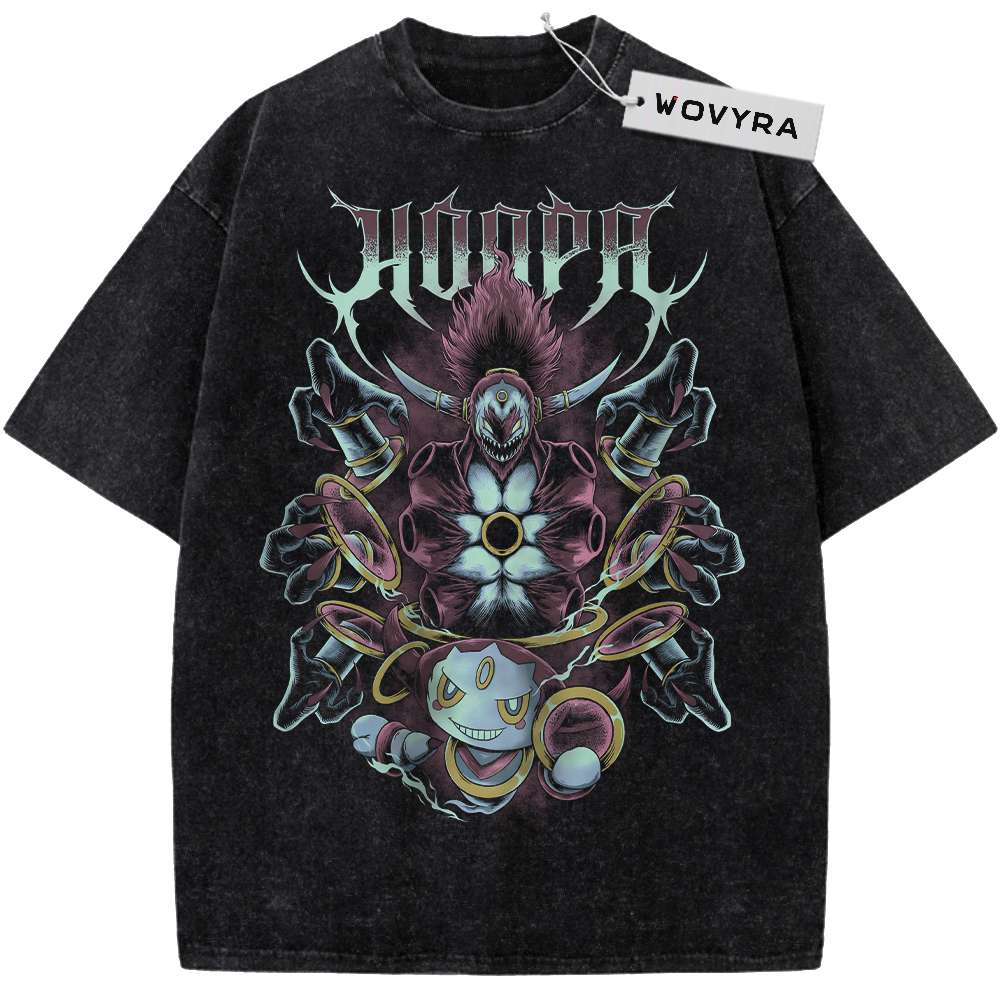 Vintage T-shirt featuring Hoopa figures arranged in a dark layered composition with pale title lettering