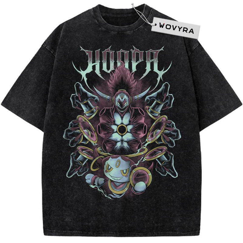 Vintage T-shirt featuring Hoopa figures arranged in a dark layered composition with pale title lettering