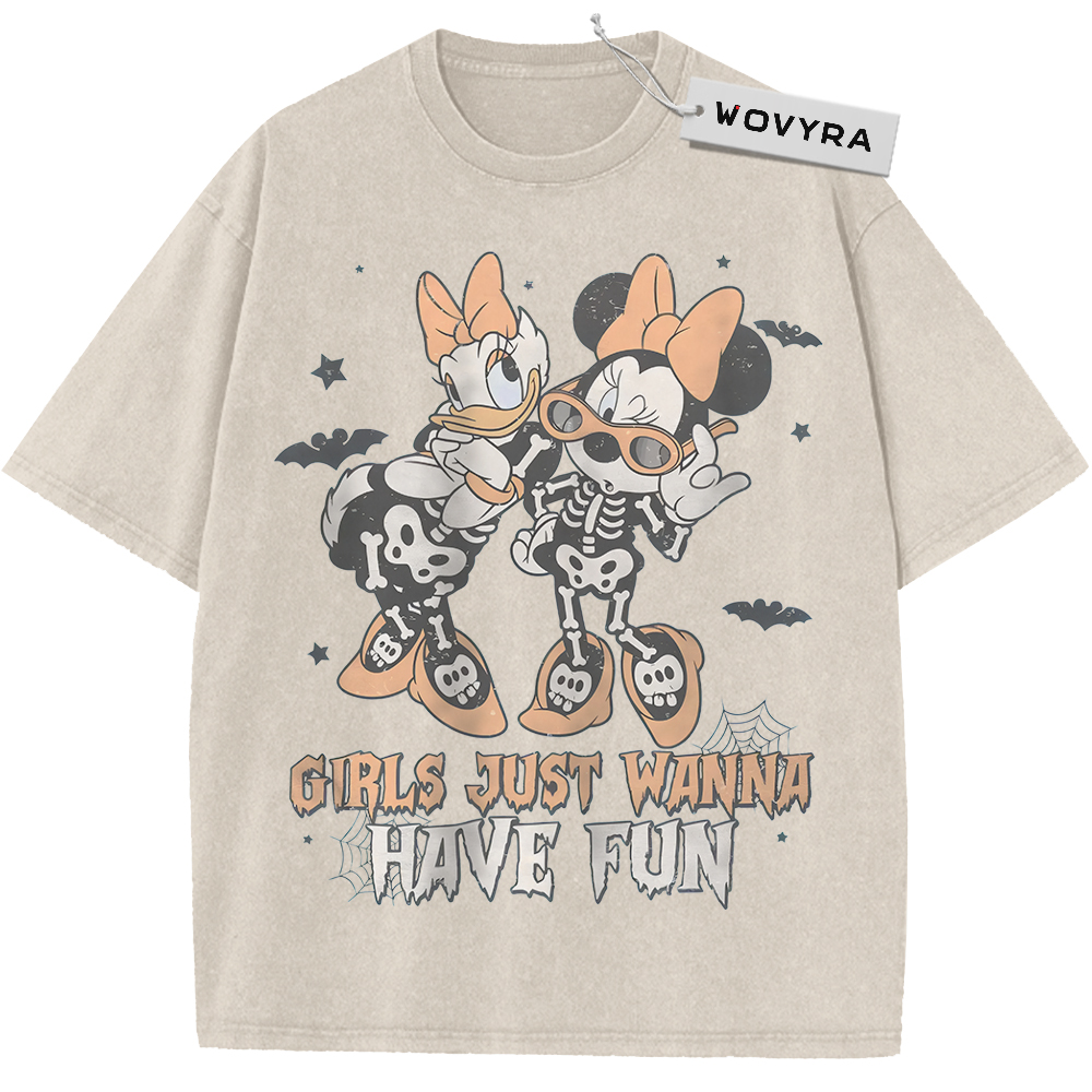 Vintage T-shirt featuring Daisy Duck and Minnie Mouse in skeleton outfits with orange bows