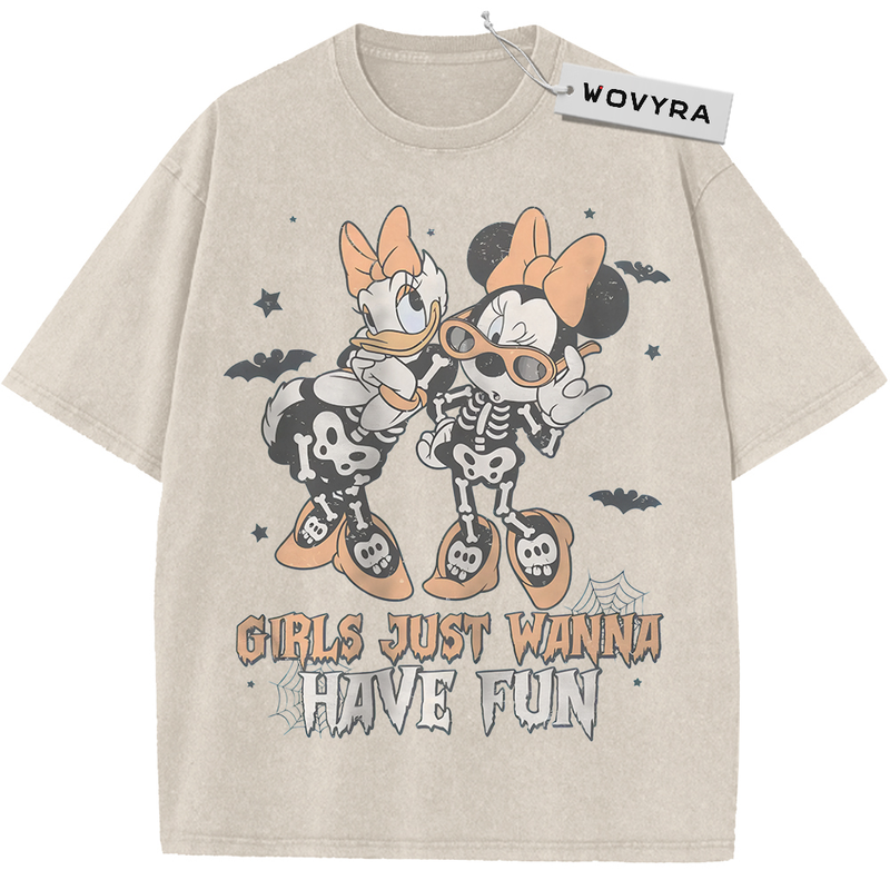 Vintage T-shirt featuring Daisy Duck and Minnie Mouse in skeleton outfits with orange bows