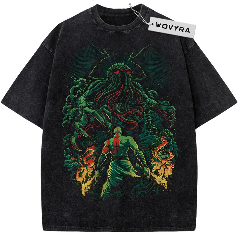 God of War Kratos vs Cthulhu Green Tentacles Vintage T-Shirt with a small warrior beneath a green tentacled creature and flames