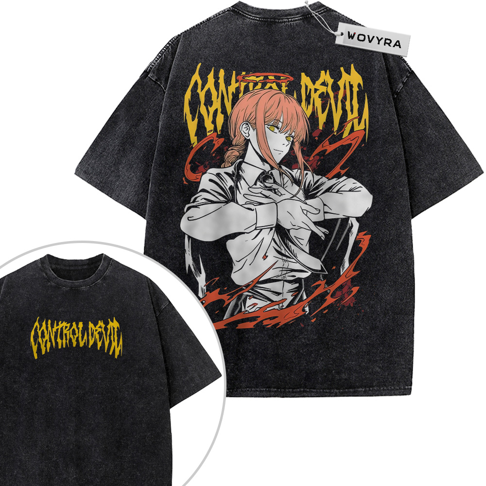 Chainsaw Man Makima Flame Lettering 2-Sided Vintage T-Shirt with a red-haired figure with yellow lettering and red flame shapes