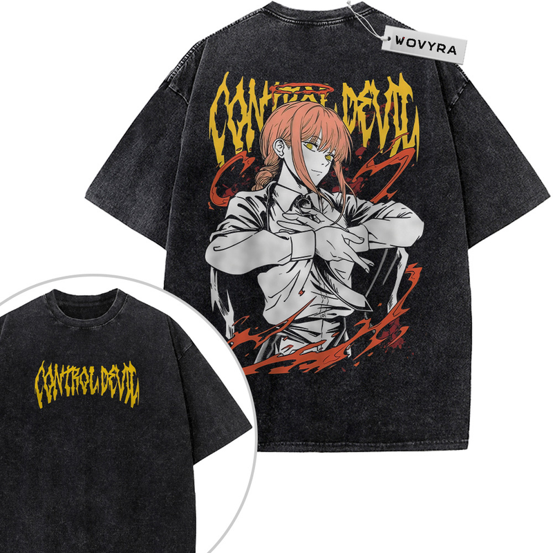 Chainsaw Man Makima Flame Lettering 2-Sided Vintage T-Shirt with a red-haired figure with yellow lettering and red flame shapes
