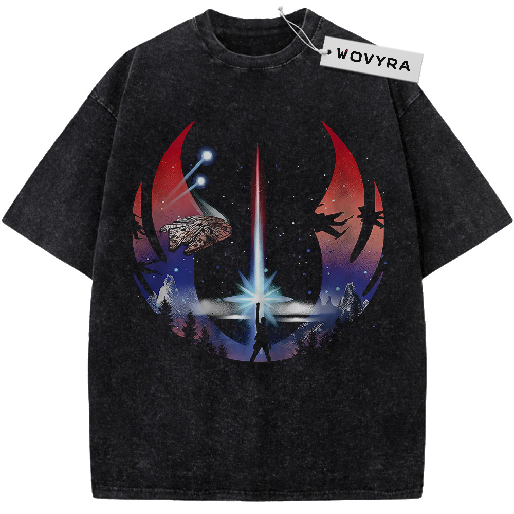 Star Wars Space Emblem Vintage T-Shirt with spacecraft and a bright central beam inside a red-and-purple emblem