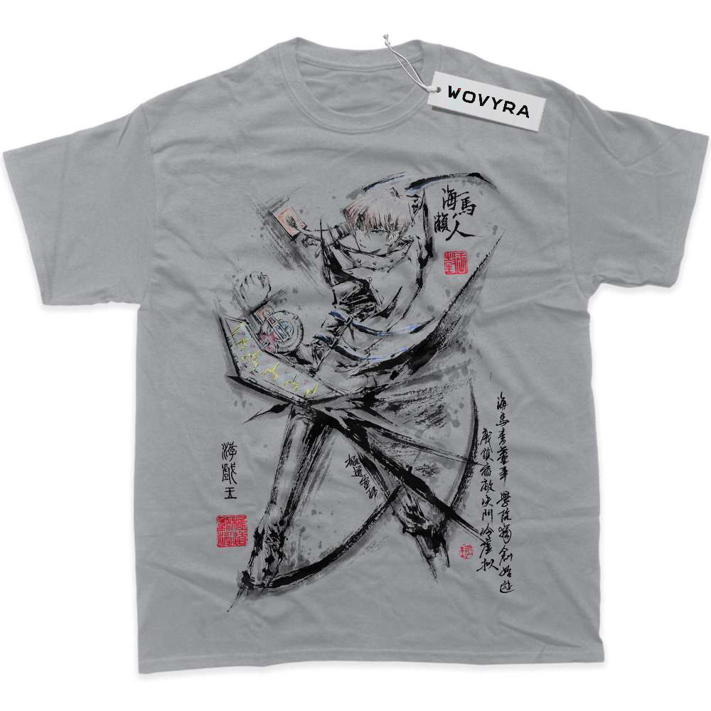 Light grey WOVYRA Seto Kaiba classic T-shirt with a black ink-style character portrait and red stamps