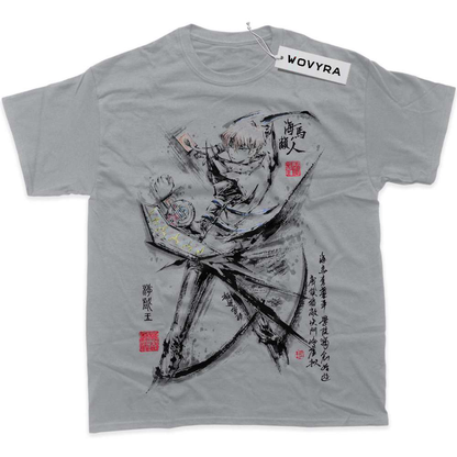 Light grey WOVYRA Seto Kaiba classic T-shirt with a black ink-style character portrait and red stamps
