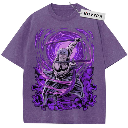 Purple Roronoa Zoro One Piece T-shirt with swirling purple sword artwork