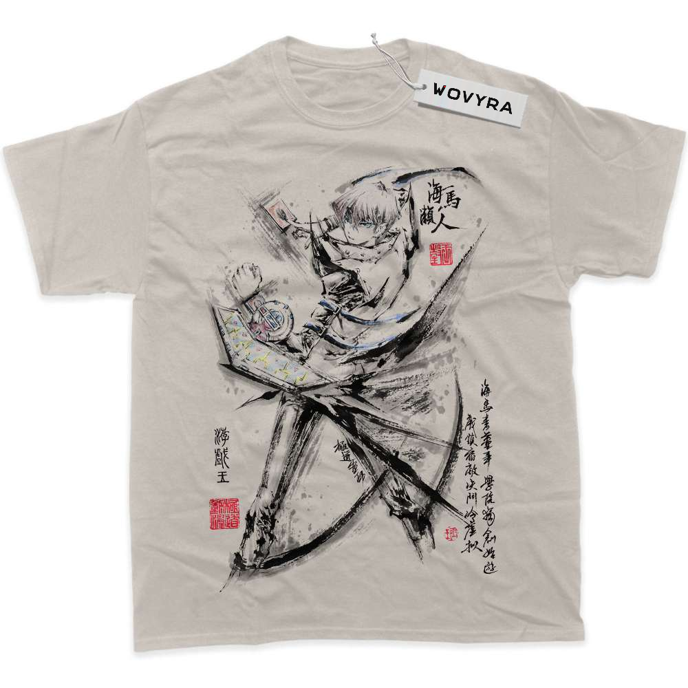 Sand WOVYRA Seto Kaiba classic T-shirt with a black ink-style character portrait and red stamps