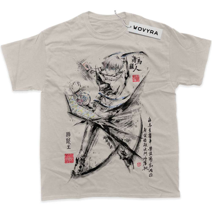 Sand WOVYRA Seto Kaiba classic T-shirt with a black ink-style character portrait and red stamps