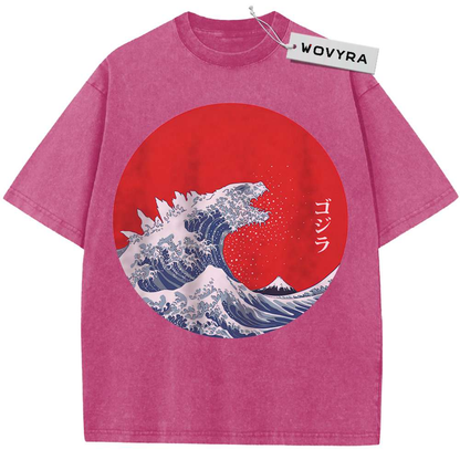 Pink kaiju T-shirt with a monster-shaped blue wave and red sun graphic