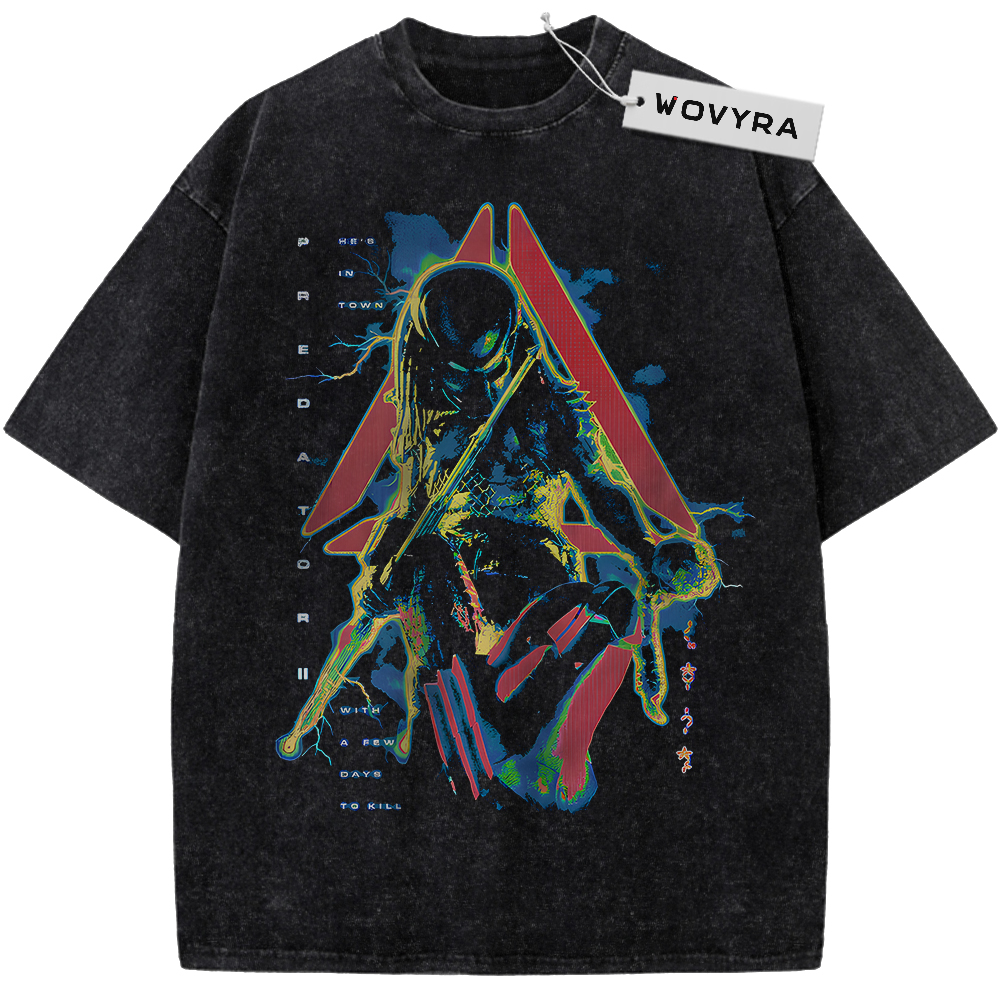 Alien vs Predator Neon Hunter Vintage T-Shirt with a crouching hunter figure with teal highlights and red angular shapes